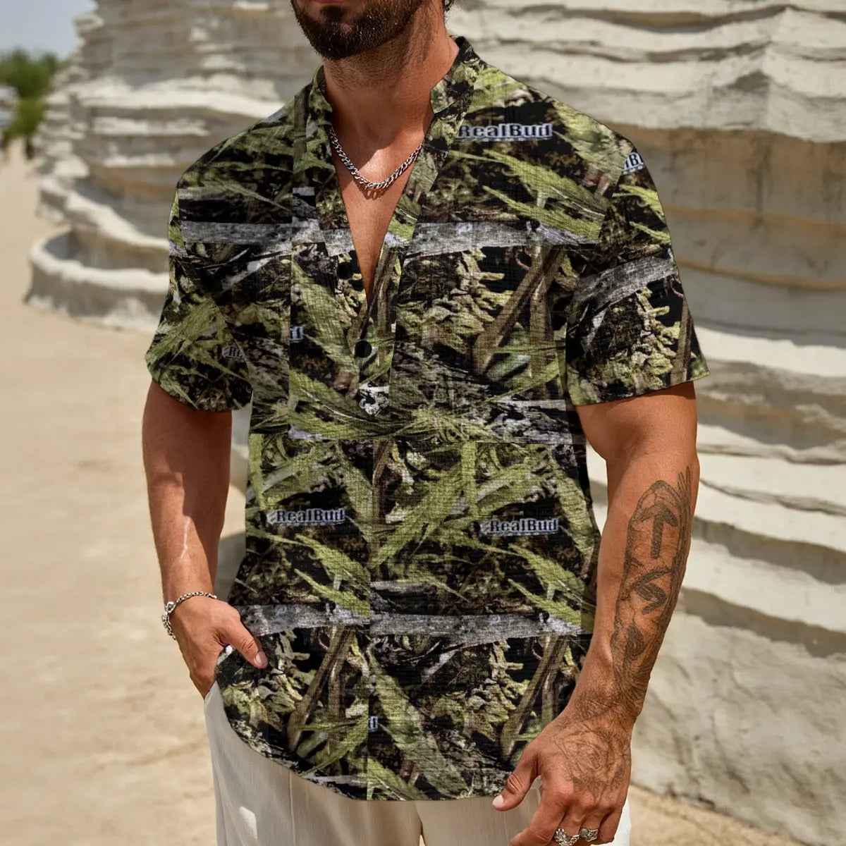 RealBud Camo Men's Henley Polo Shirt - Lightweight Polyester Comfort Fit for Warm Weather - RealBud Camo