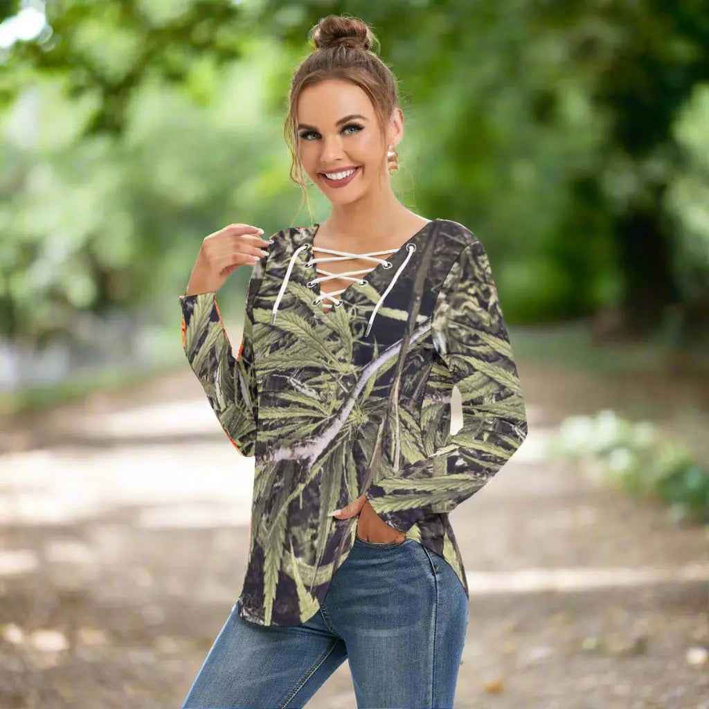 Women's Long Sleeve Neckline Tie Sweatshirt - RealBud Camo
